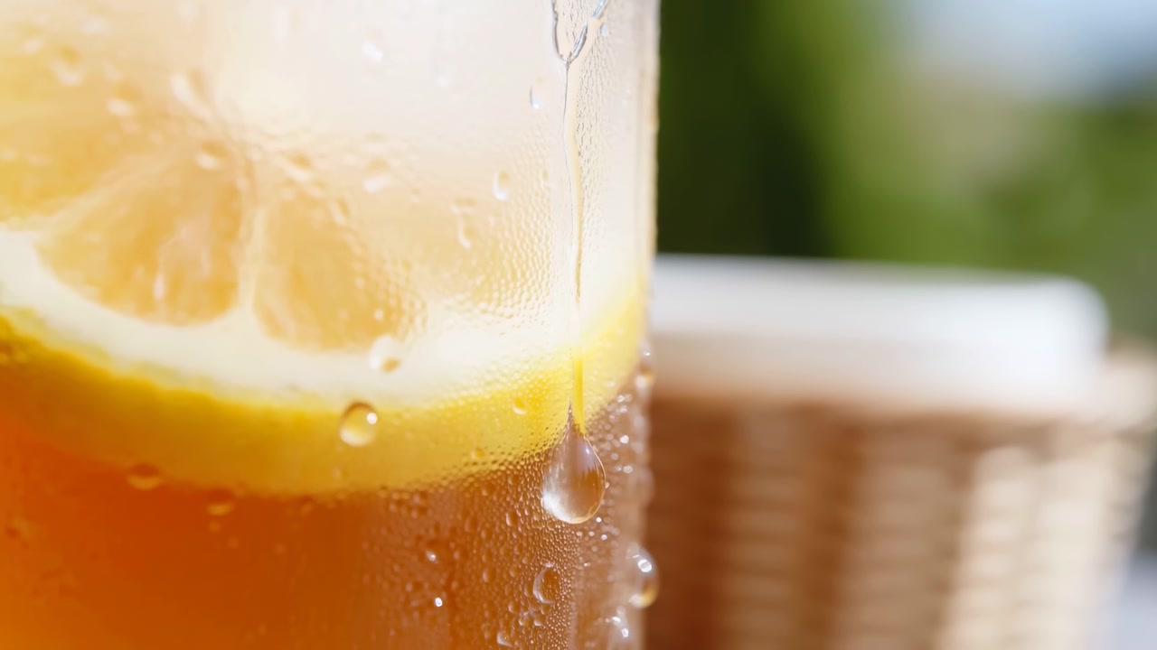 Primo piano di una bevanda fredda al limone in un bicchiere con ghiaccio, fette di agrumi e condensa, su uno sfondo leggermente sfocato di vegetazione e luce diurna calda