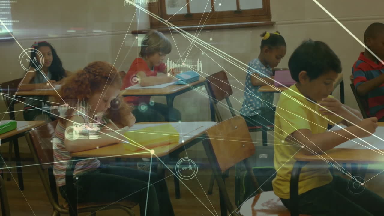 animación de puntos conectados con iconos gráficos sobre diversos estudiantes que escriben exámenes en el aula