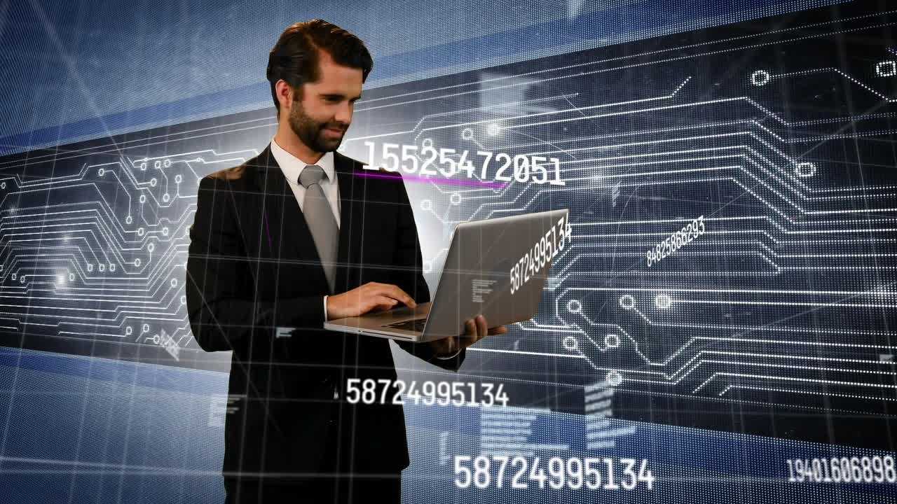 animación de la red de conexiones y procesamiento de datos sobre el hombre utilizando computadora portátil