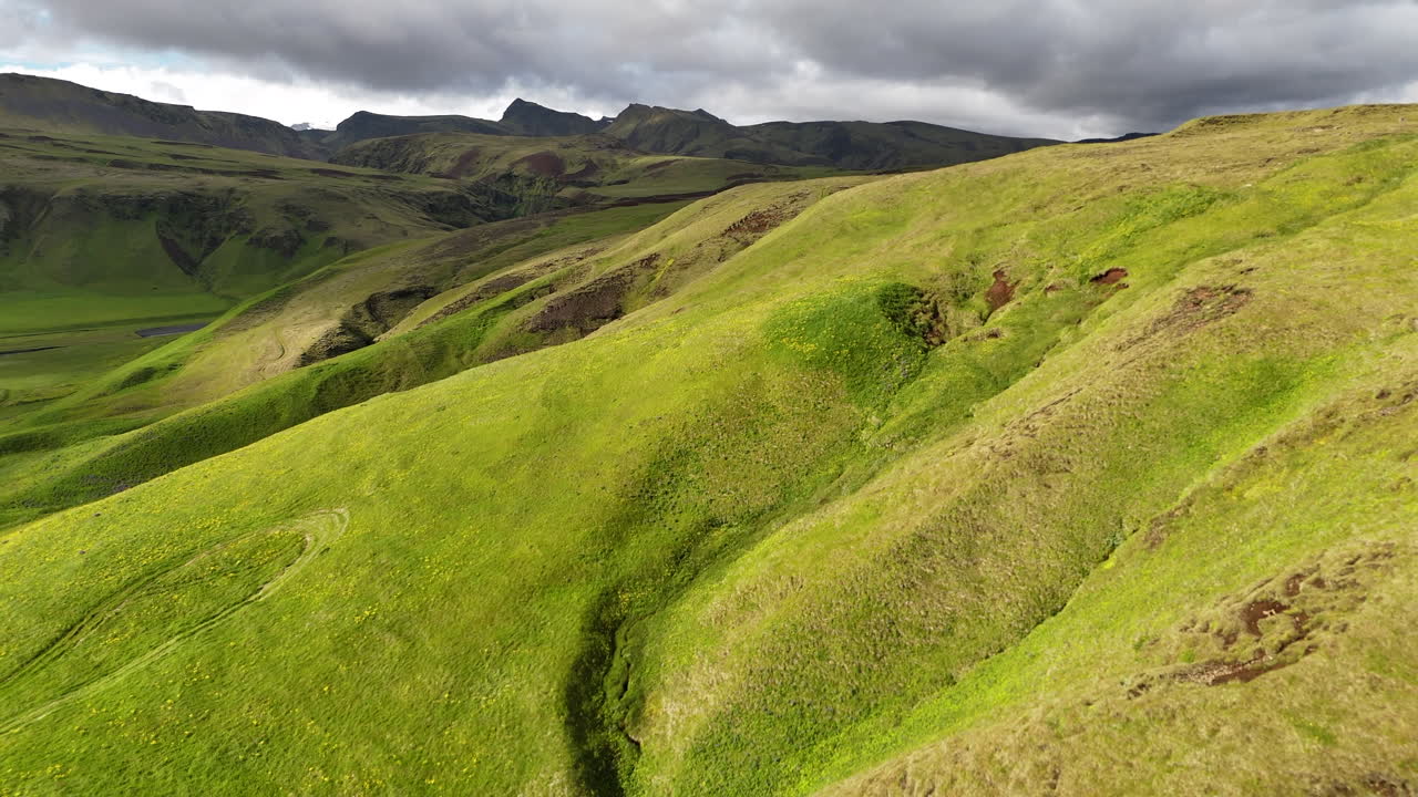 Vista aerea da drone del suggestivo canyon di Mýrdalshreppur con profonde gole vulcaniche, scogliere coperte di muschio e un fiume tortuoso che attraversa le vivide terre alte verdi nell'Islanda meridionale