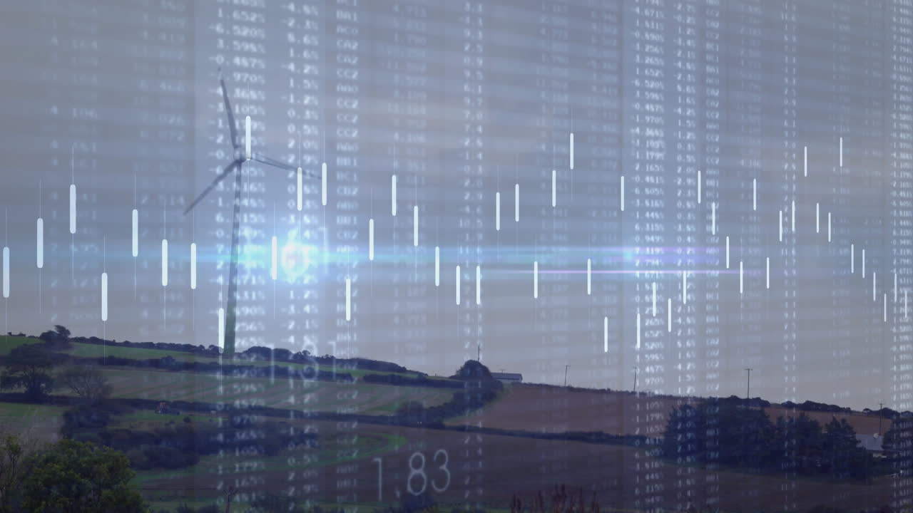 Wind turbine and landscape with financial data processing animation overlay