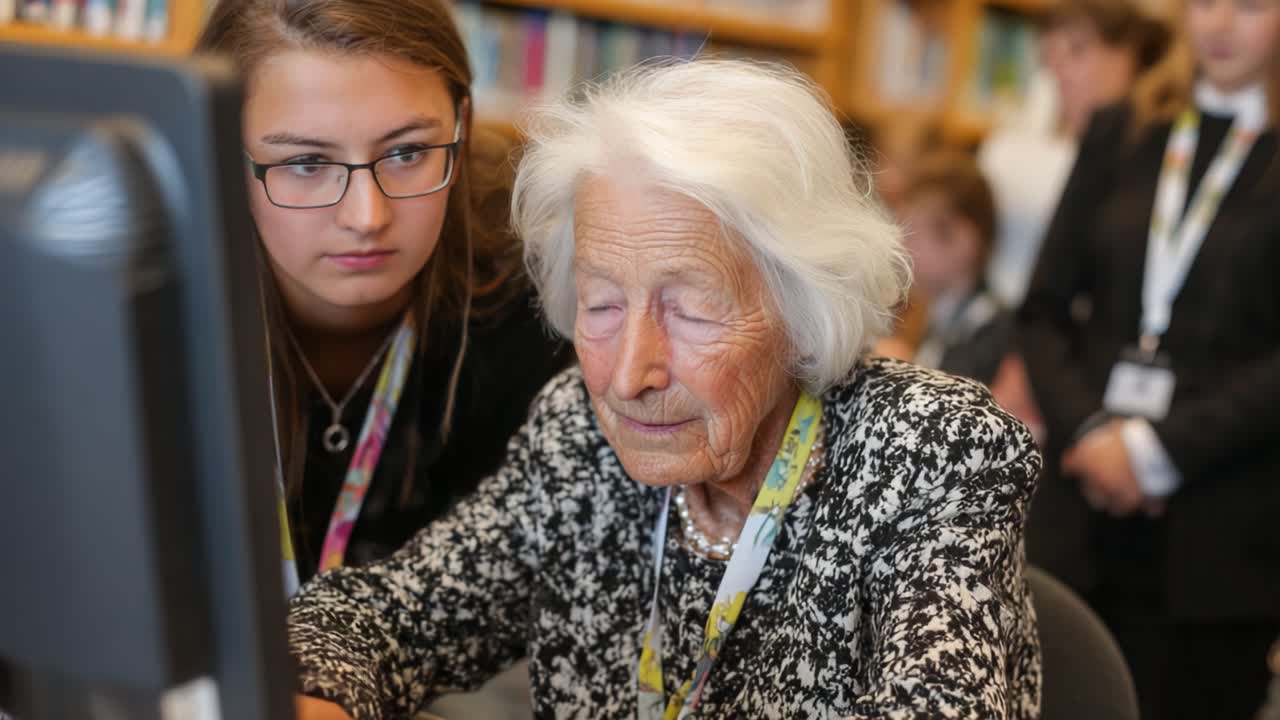 A Young Woman Assists an Elderly Lady with Computer Skills in a Learning Environment, Highlighting Generational Knowledge Transfer and Digital Education