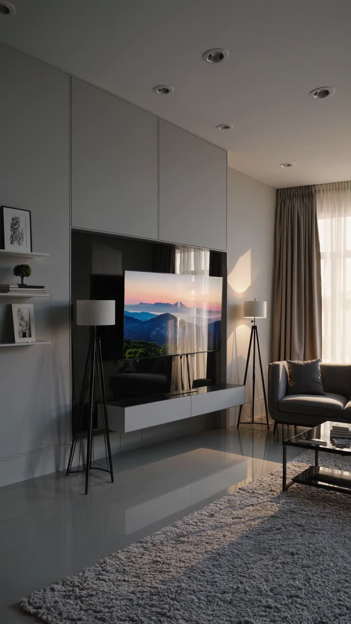 Modern living room with a large wall-mounted TV displaying a scenic ...