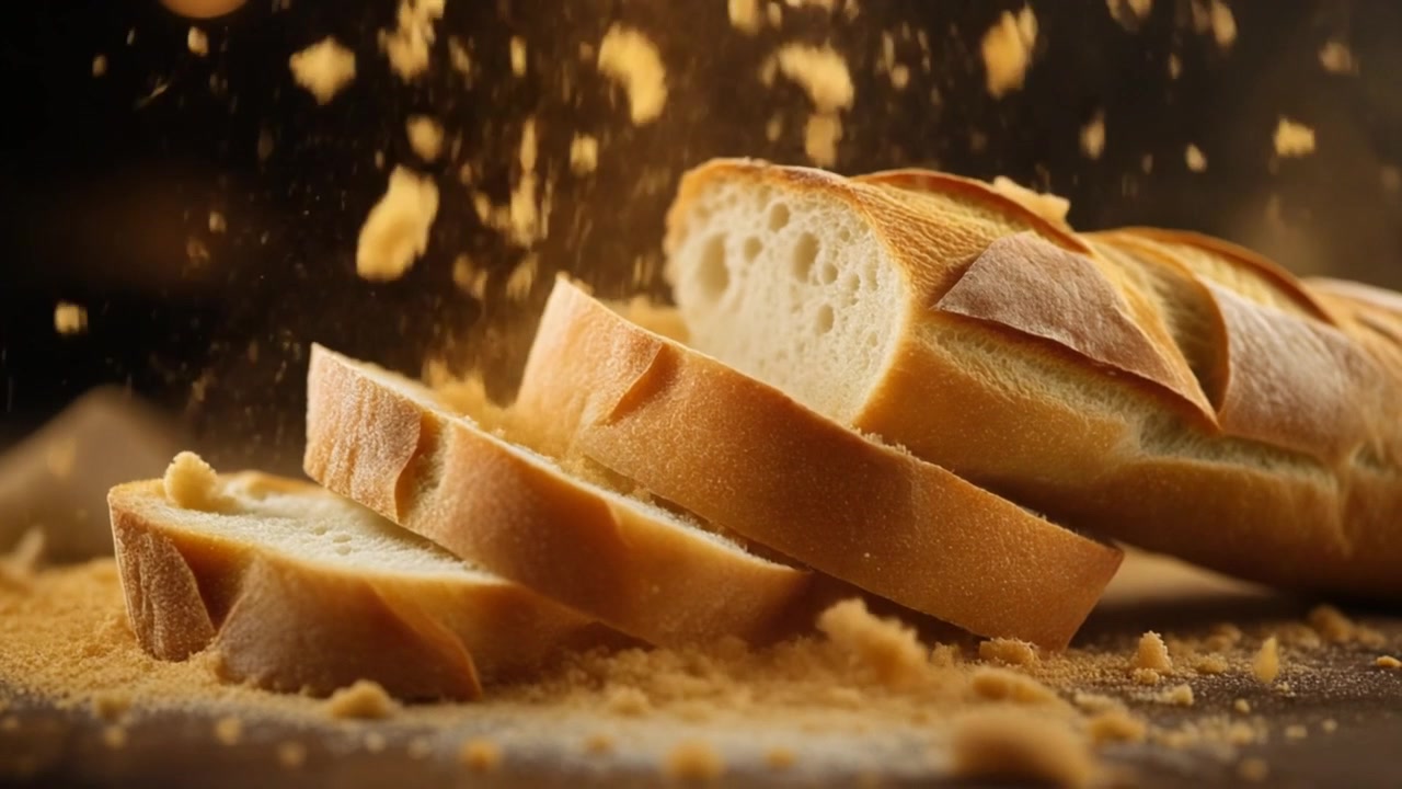 Baguette appena affettata con briciole che cadono su una superficie di legno