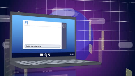 animation of ai chat and data processing over laptop on purple background