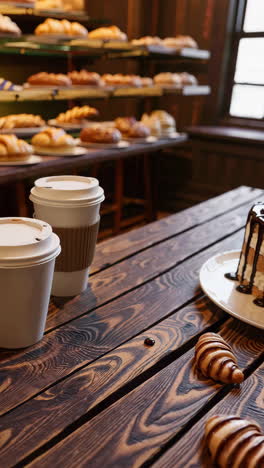 coffee, cake, and pastries on a wooden table in a bakery