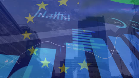 animation of european union flag over graphs and office buildings