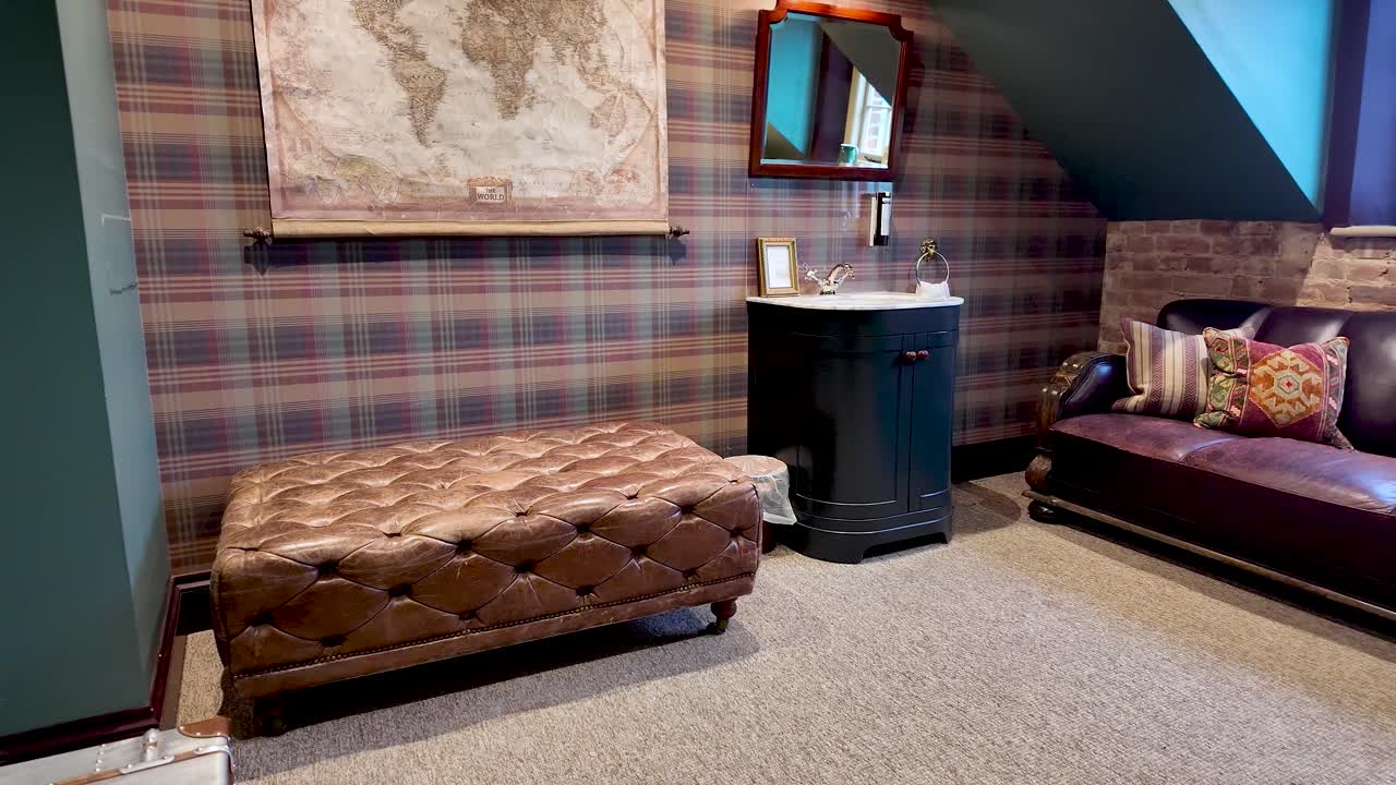Cozy Chill Out Room Interior With Leather Sofa Ottoman And Plaid Wallpaper In English Manor House Style For Relaxation And Comfort