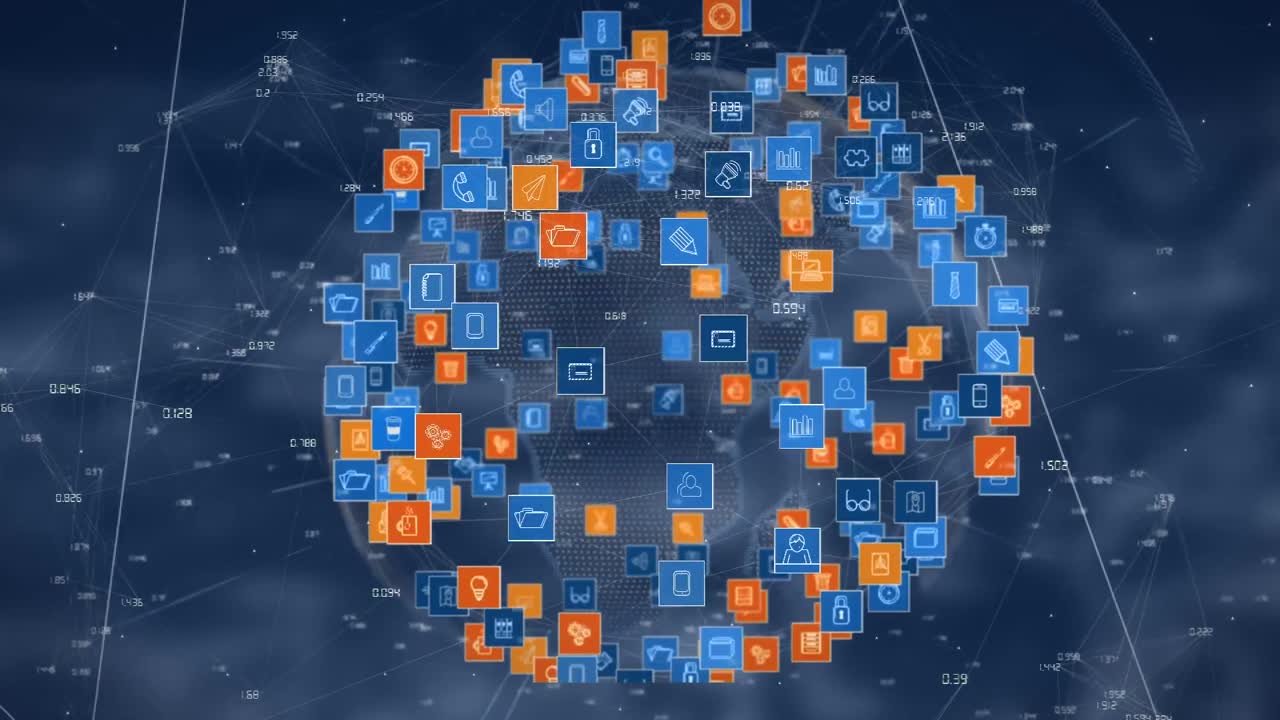 animación del globo con iconos sobre un fondo borroso