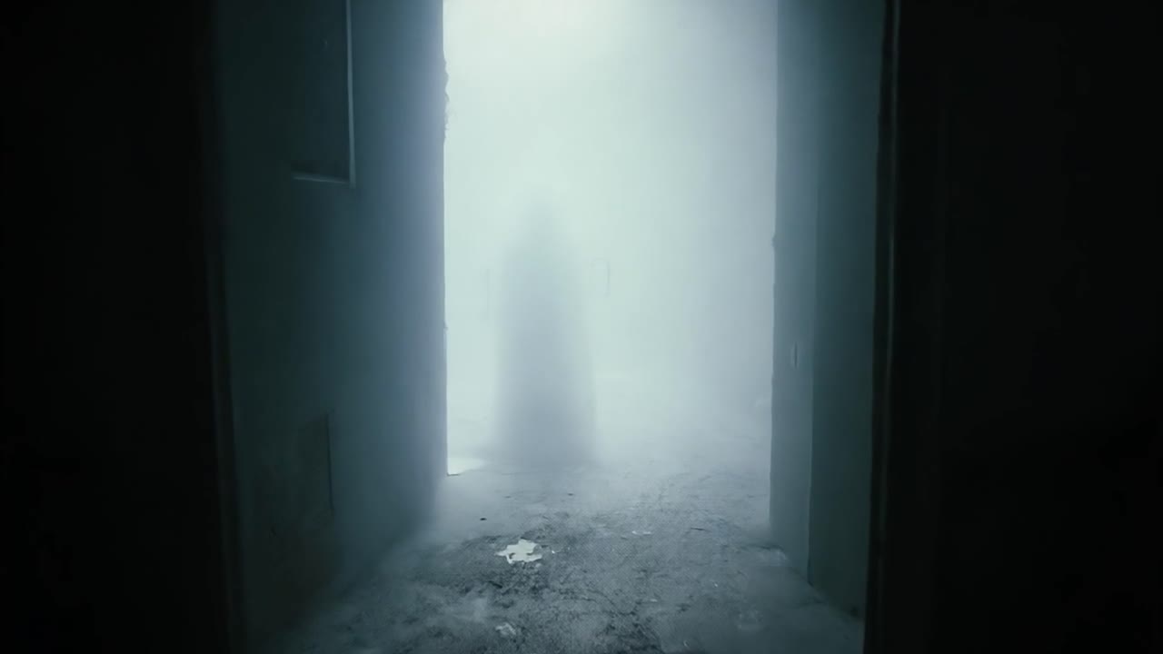 Spooky and Creepy Abandoned Building with Ghostly Figure in Fog
