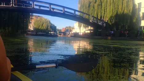view of regent's canal water reflecting camden lock bridge to the market. popular location with people drinking our on a terrace next to the canal. water is full of algae. paddle and kayak on view.