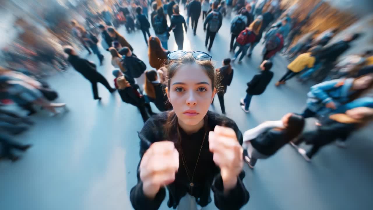 A Central Figure Amidst a Chaotic Crowd: A Visual Exploration of Isolation in a Sea of Humanity, Capturing the Emotions of Overwhelm and Attention in Urban Life