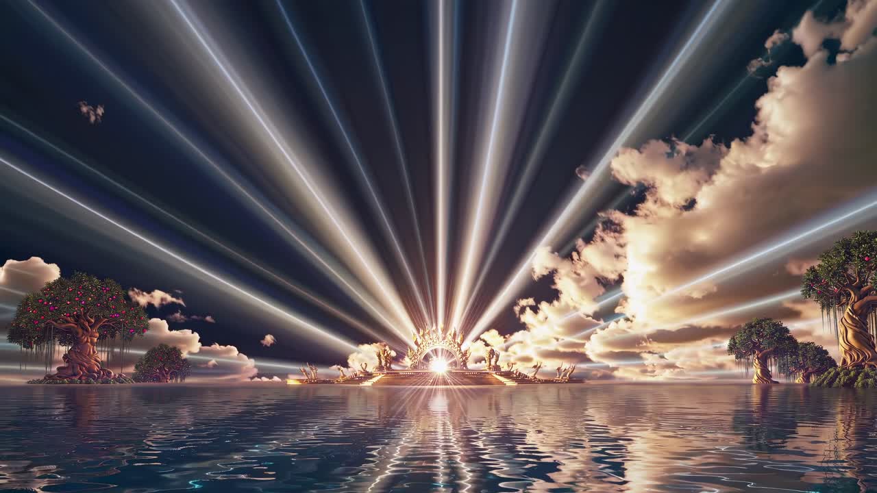 Golden throne arising from a mystical island surrounded by exotic trees and reflecting in the calm water under various skies and lighting conditions