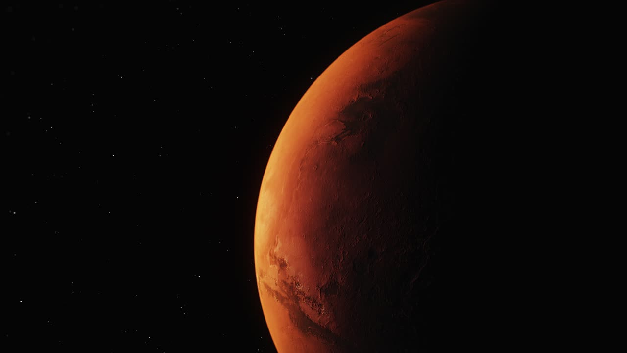 Flying over the surface of the Planet Mars in the outer space, the red planet. Copy Space. Mars Planet Rotating in the outer space. Orbiting Planet Mars. Traveling to the red planet Mars in space. Elements of this video furnished by NASA. stock video