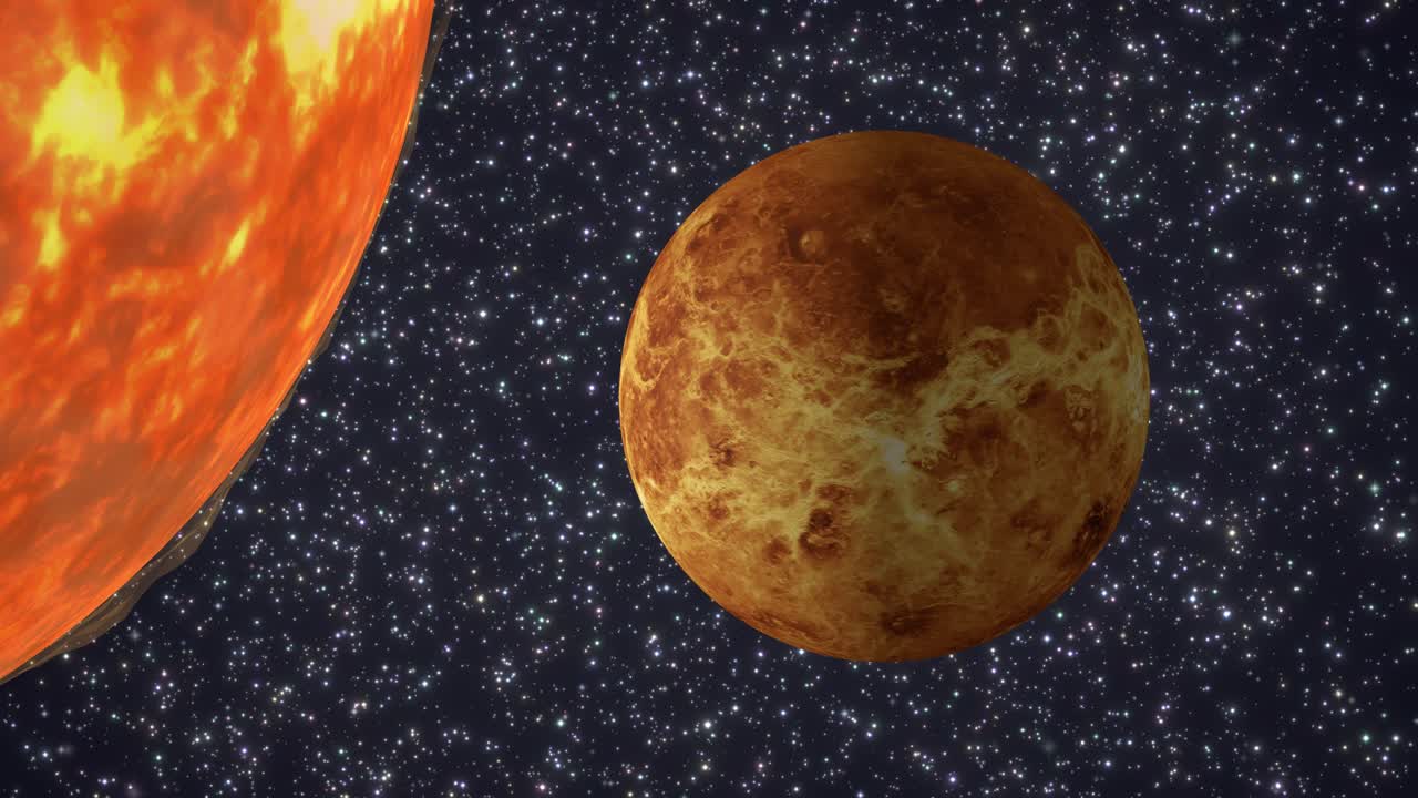 Eine rotierende Venus umkreist die Sonne vor einem dichten Sternenfeld im tiefen Weltraum