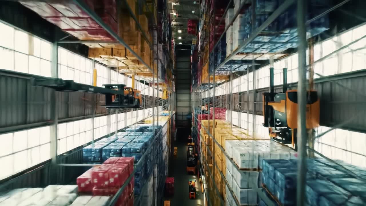 Watch skilled workers maneuvering forklifts amidst towering shelves filled with colorful boxes in a vibrant warehouse. This bustling distribution center illustrates effective inventory management.