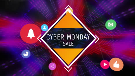 cyber monday sale text animation over colorful social media icons on dark background