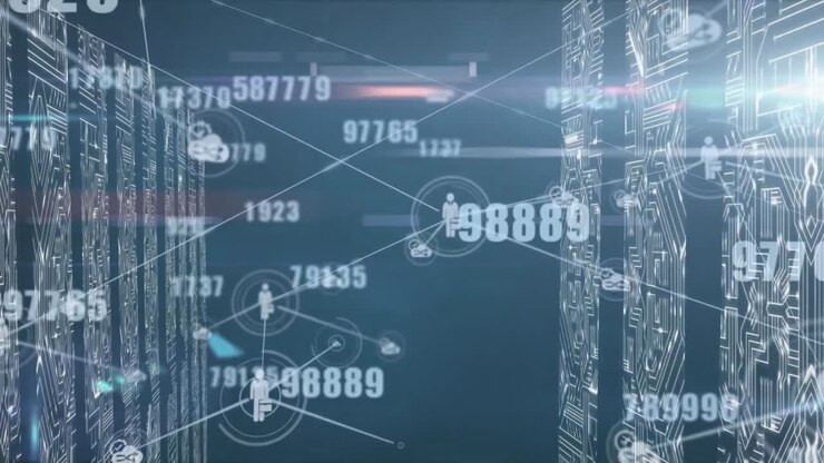 Multiple numbers changing over network of connections against blue background