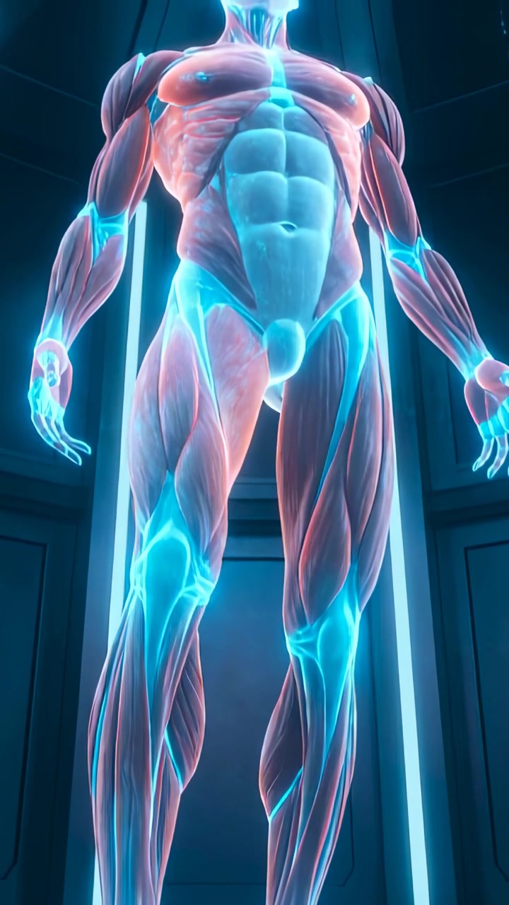 Video verticale: Telecamera che si alza rivelando un modello anatomico al neon che mostra i muscoli in una capsula per una scansione medica.