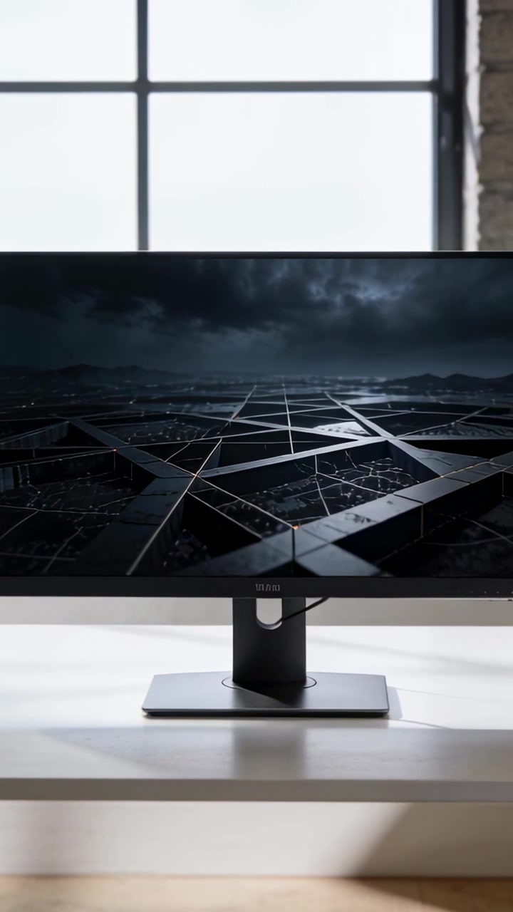 Video verticale: Telecamera che inizia una rivelazione verticale, zoomando, rivelando monitor, supporto e cavo sulla scrivania