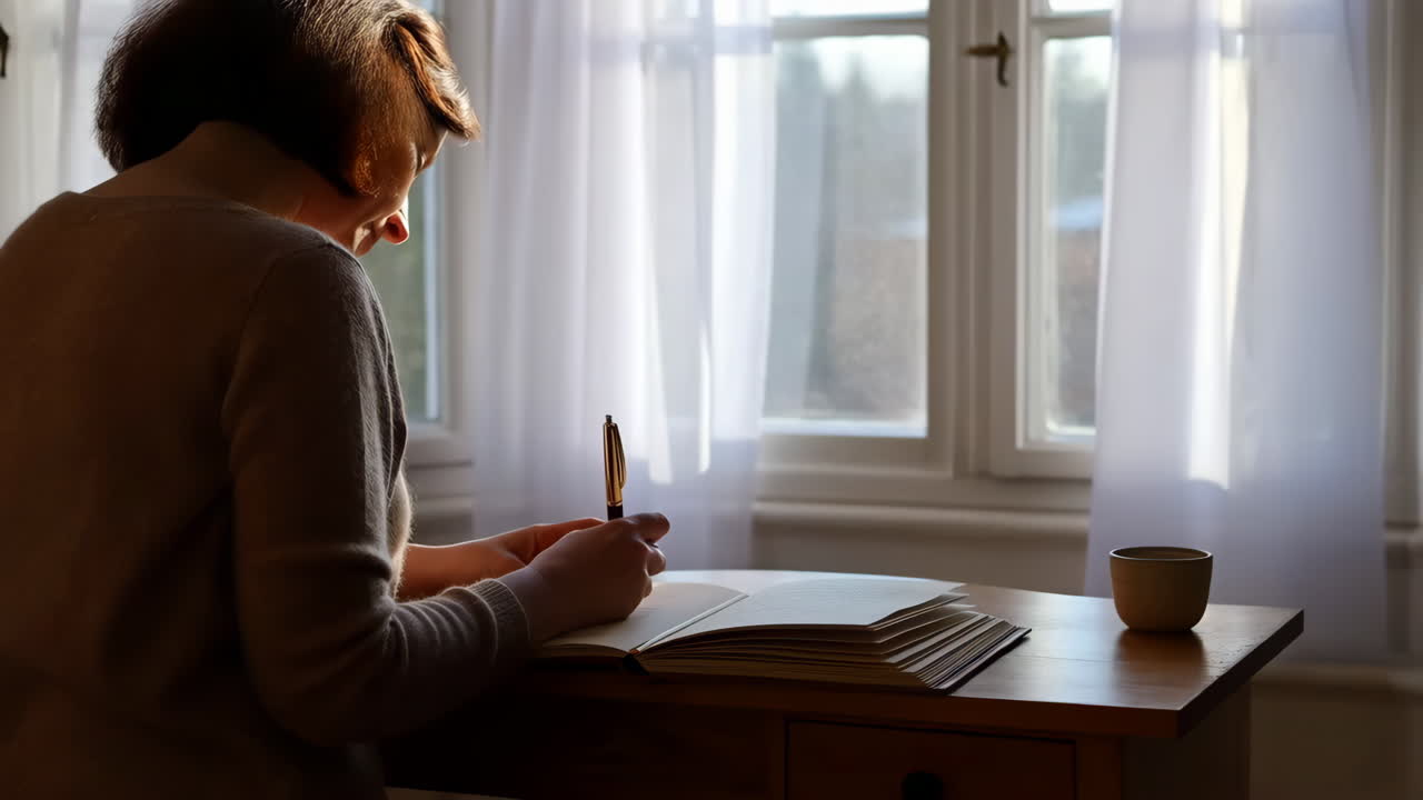 Person writing in a notebook at a desk by a sunlit window