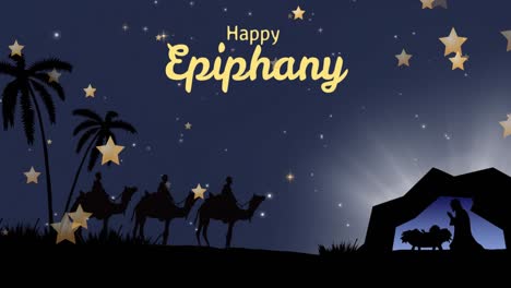 animation of happy epiphany text over nativity scene