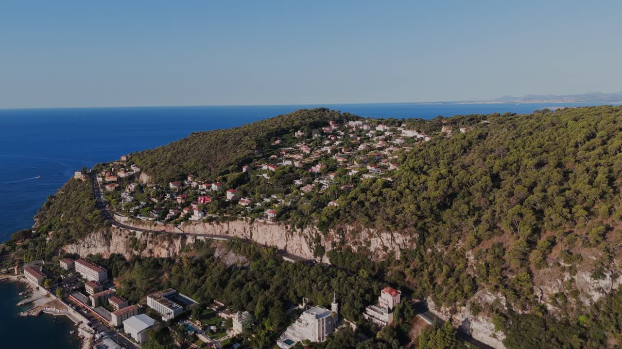 Aerial Hillside View Of Coastal Seaside Town On Hill, Villefranche-Sur-Mer In France, Côte d'Azur French Riviera