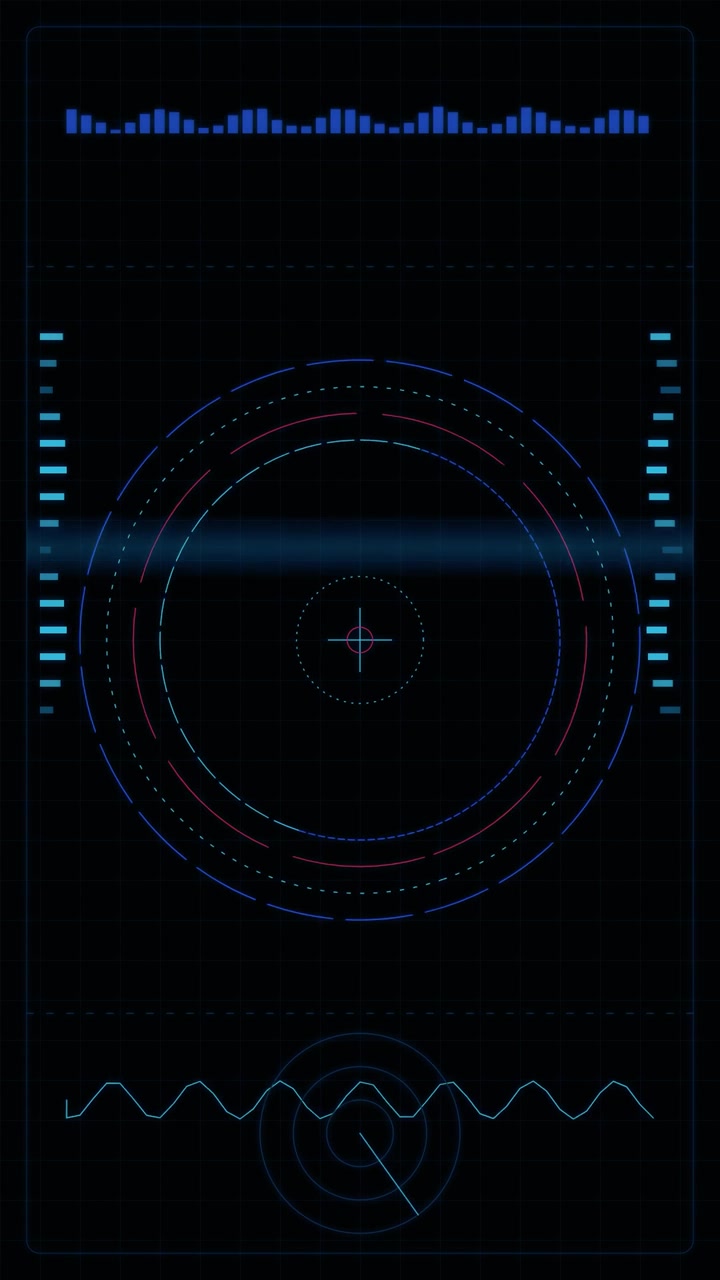 Interfaccia HUD digitale futuristica con radar di scansione e forma d'onda audio