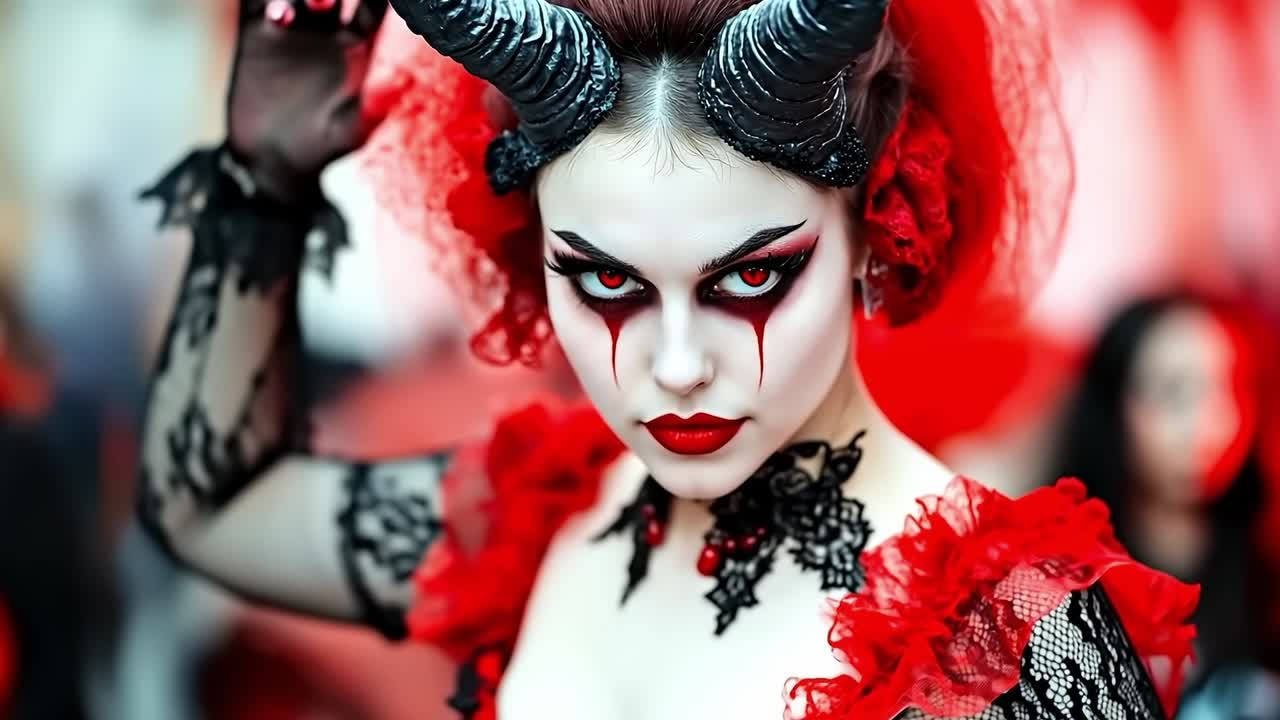 A woman dressed as a devil with horns and red lipstick