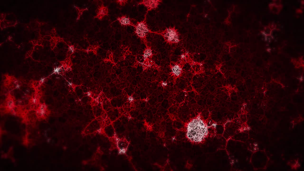 Animation af flere 3D glødende røde molekyler i bevægelse og rotation i et sømløst loop