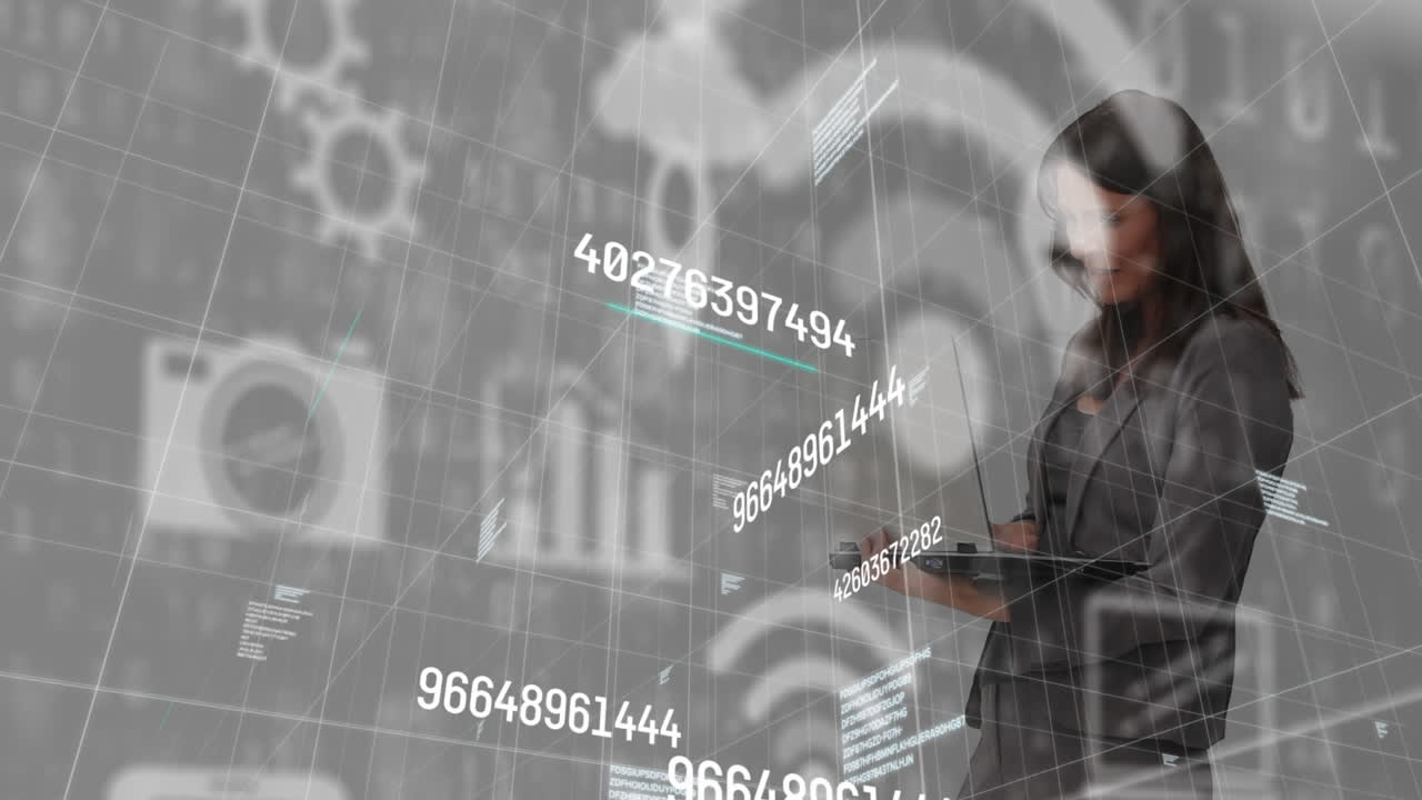 animación de procesamiento de datos científicos e iconos digitales sobre una mujer caucásica usando una computadora portátil