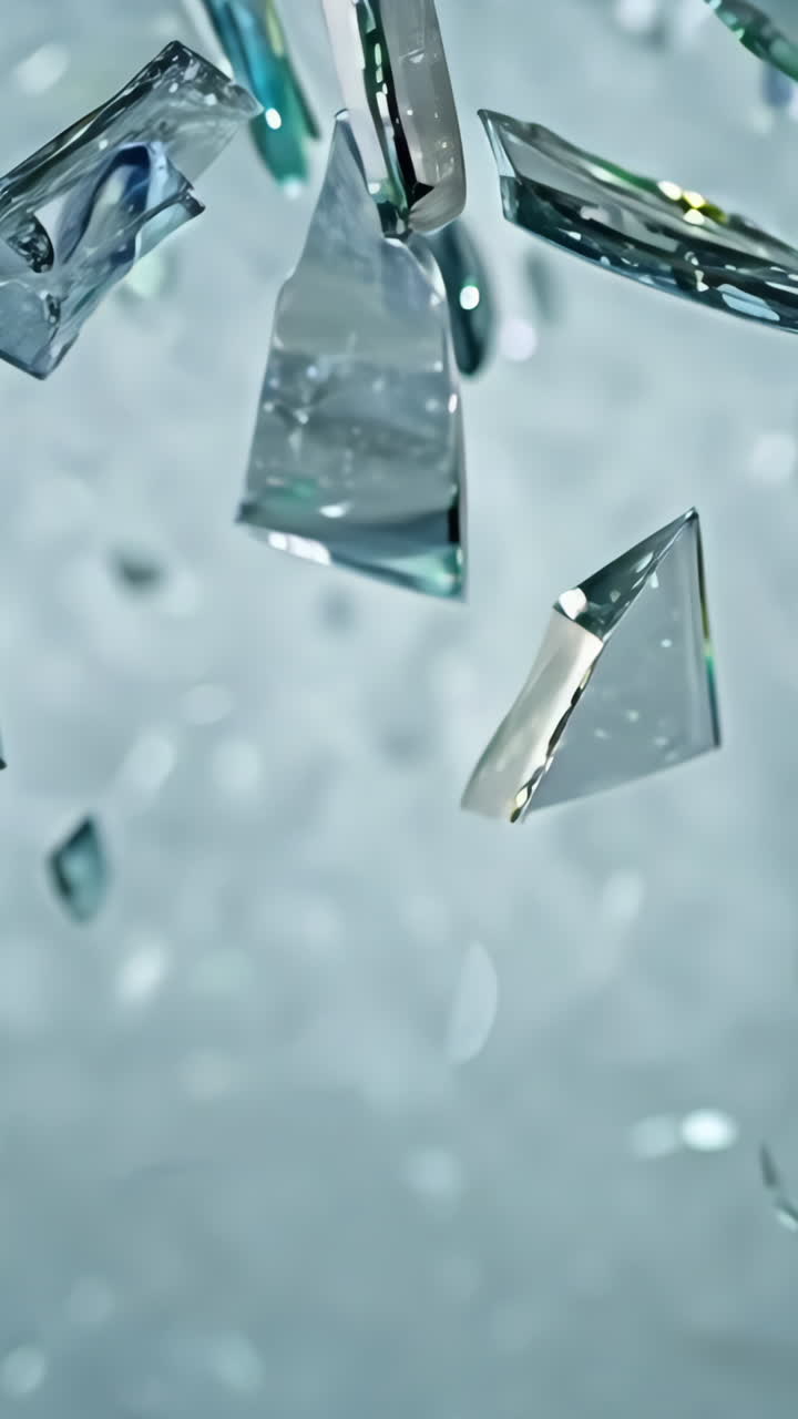 Shattered Glass Reflecting Light in a Blue Background. Fragments of glass float and sparkle against a soft blue backdrop, creating a dynamic, translucent visual effect. Vertical video