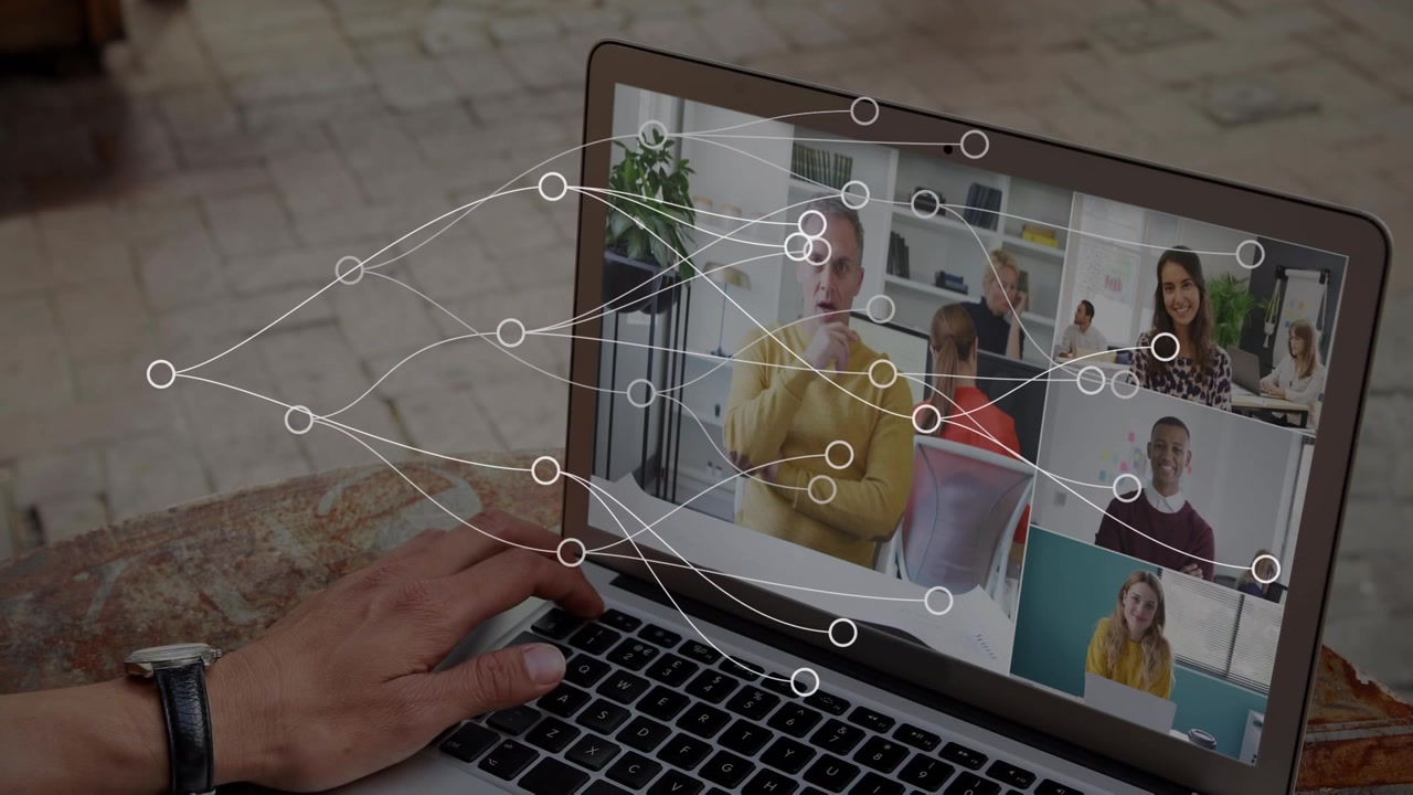 Animasi bentuk-bentuk di atas orang-orang dari berbagai latar belakang yang melakukan panggilan video laptop
