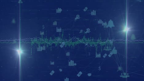 animation of data processing with globe of connections with icons on blue background