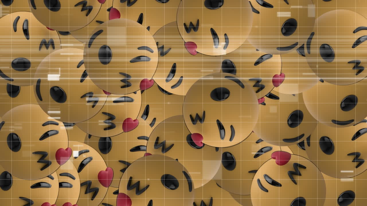 Digital animation of glitch effect over face blowing a kiss emojis falling against grey background