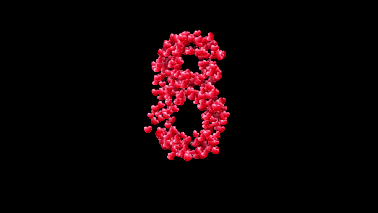 Animazione del numero otto con particelle a forma di cuore su sfondo trasparente