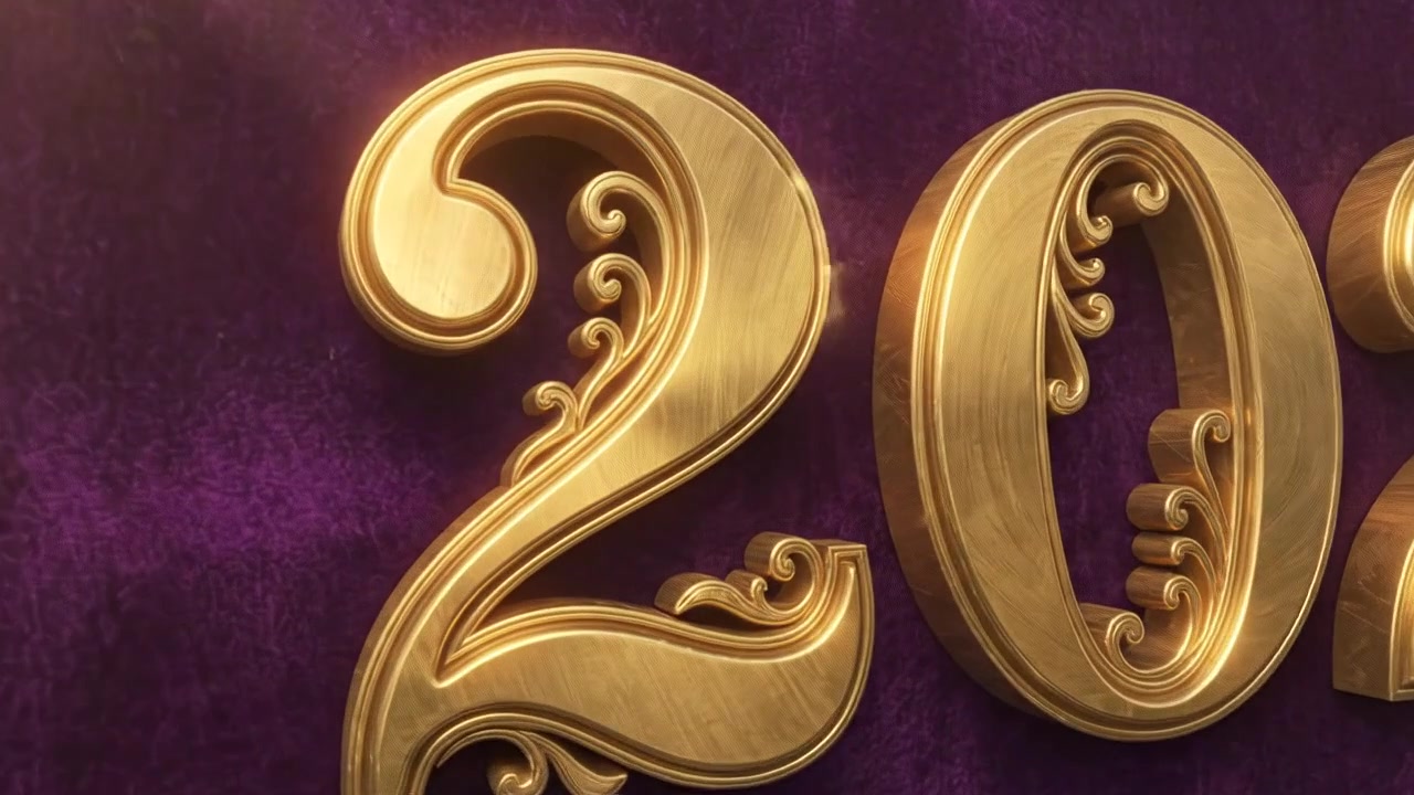 Animazione stilizzata del numero del Capodanno 2027 con scritte metalliche dorate e grafica animata