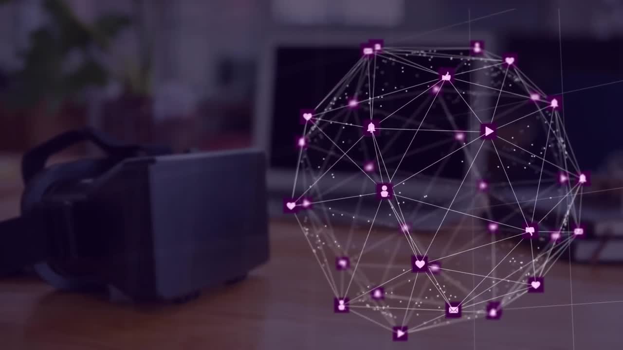 animación de iconos conectados que forman un globo sobre auriculares y portátil en el escritorio