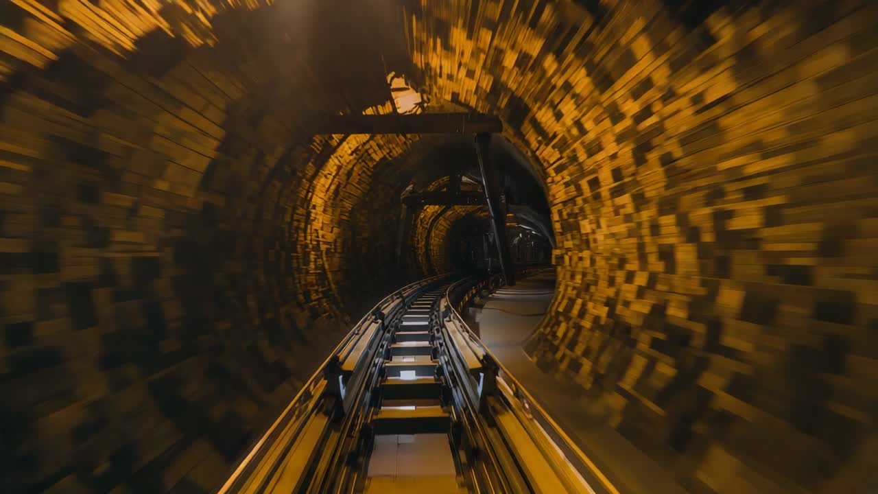 Ride starting sending mine cart track racing through brick-lined tunnel under lamp, blurring beams