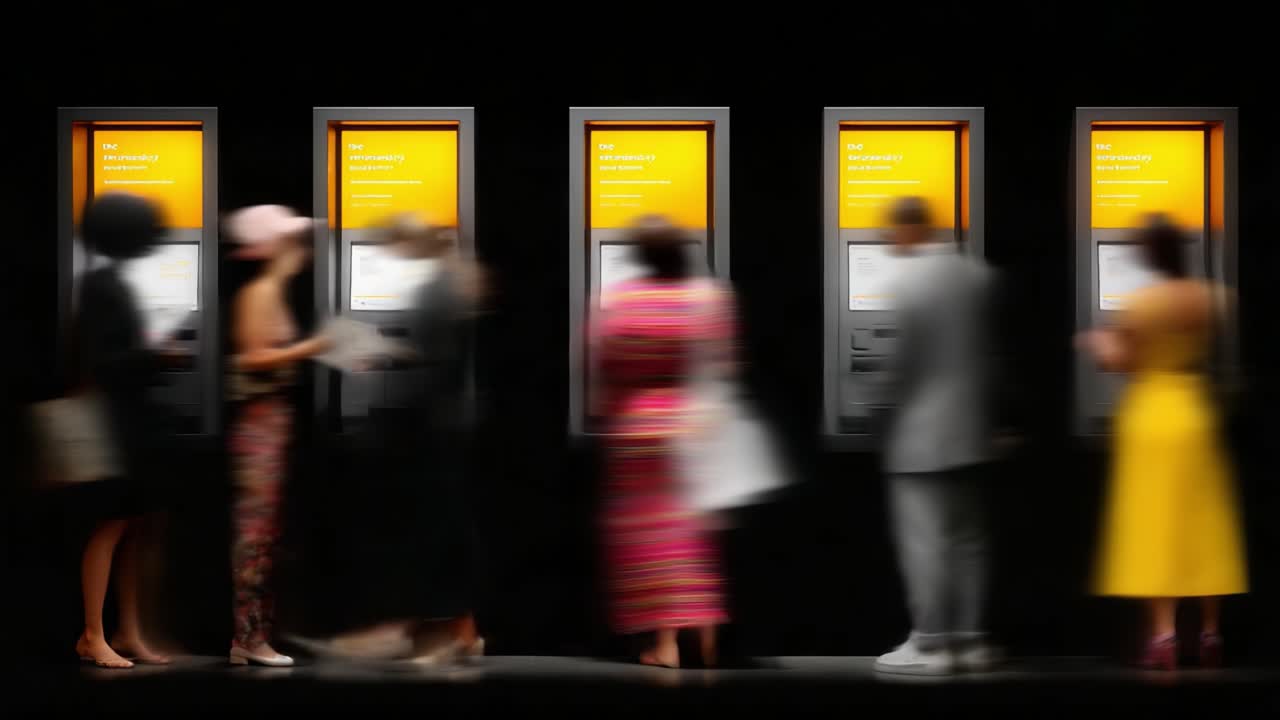 A Vibrant Scene of People Interacting with Digital Kiosks in a Modern Setting, Illustrating the Fusion of Technology and Everyday Life Amidst a Flowing Crowd