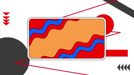 Animation-Roter,-Blauer-Und-Orangefarbener-Wellenlinien-Im-Rechteck,-Mit-Linien-Und-Geometrischen-Formen-Auf-Weiß