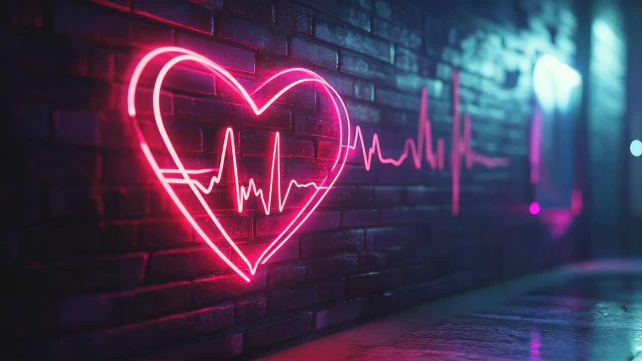 Neon Heart with Heartbeat on Brick Wall