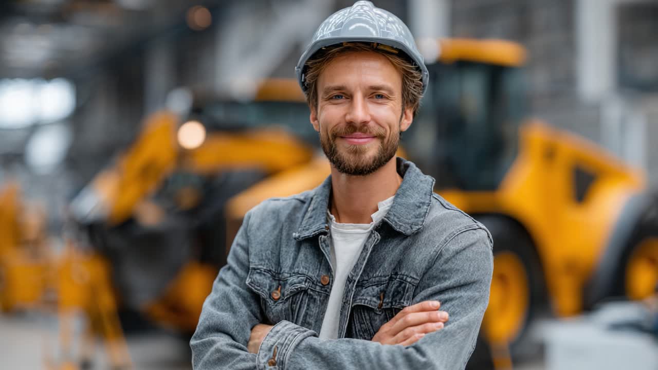 A Confident Construction Worker Smiling with Arms Crossed, Showcasing Strength and Professionalism in a Dynamic Building Environment