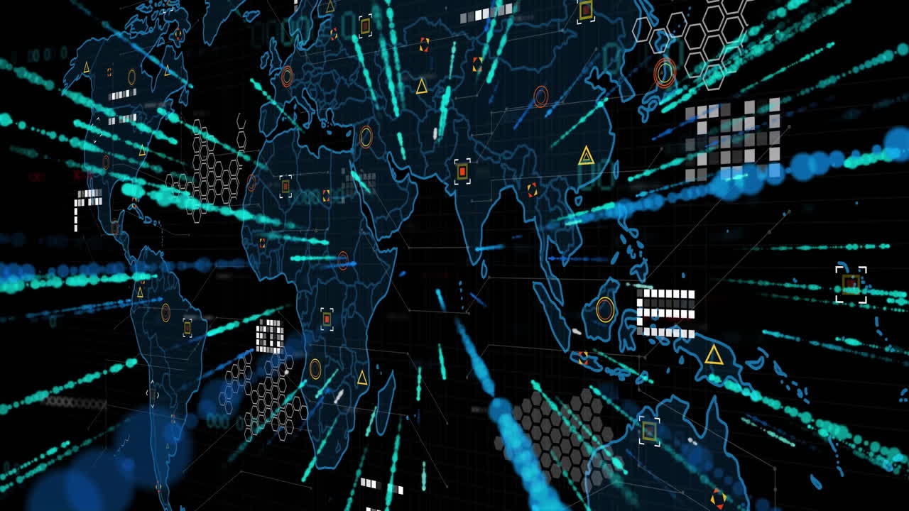 Animation of digital data processing over world map on black background