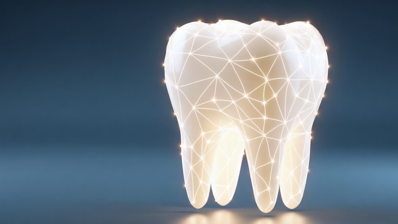 A Stunning Digital Representation of a Tooth: Showcasing the Intricate Connectivity and Shimmering Details of a Modern Dental Structure in Two Frames
