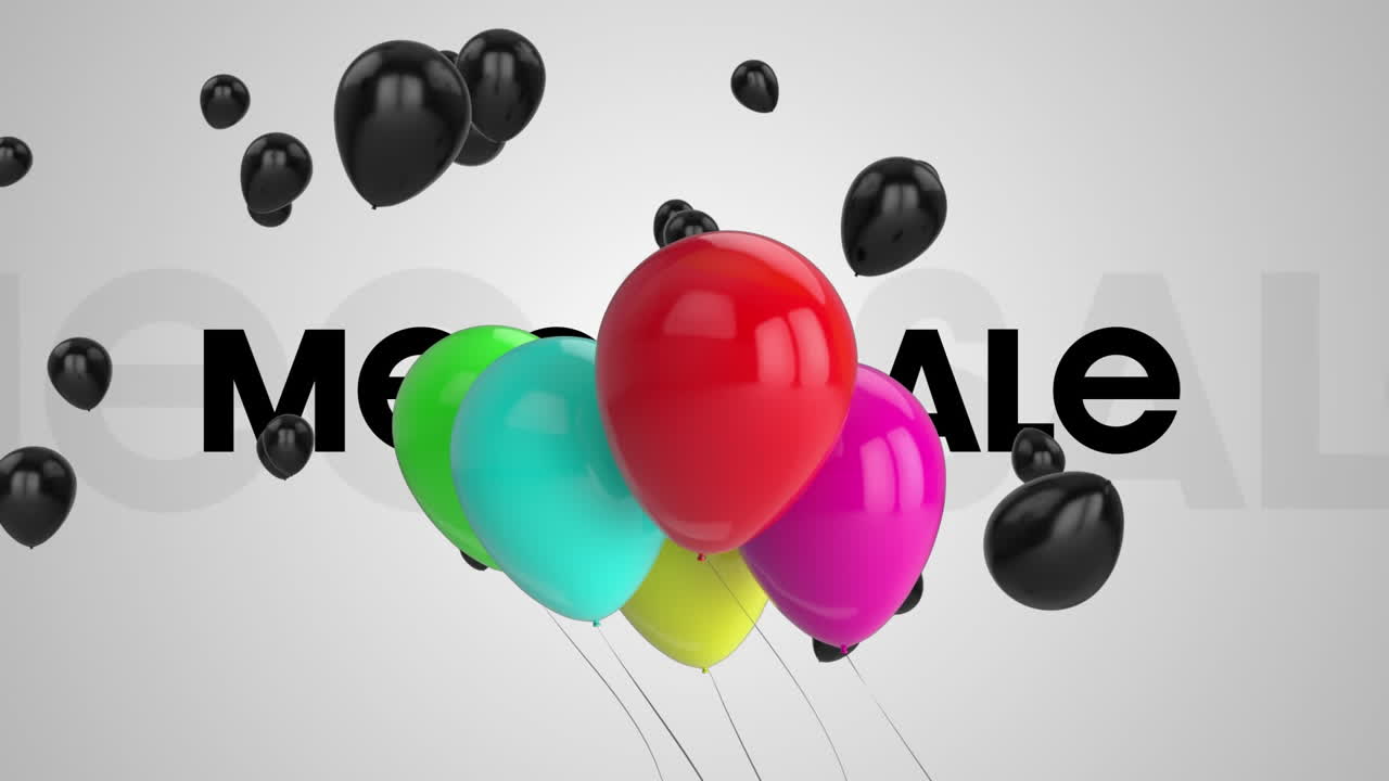 Colourful balloons on a green screen, with the text mega sale in the foreground
