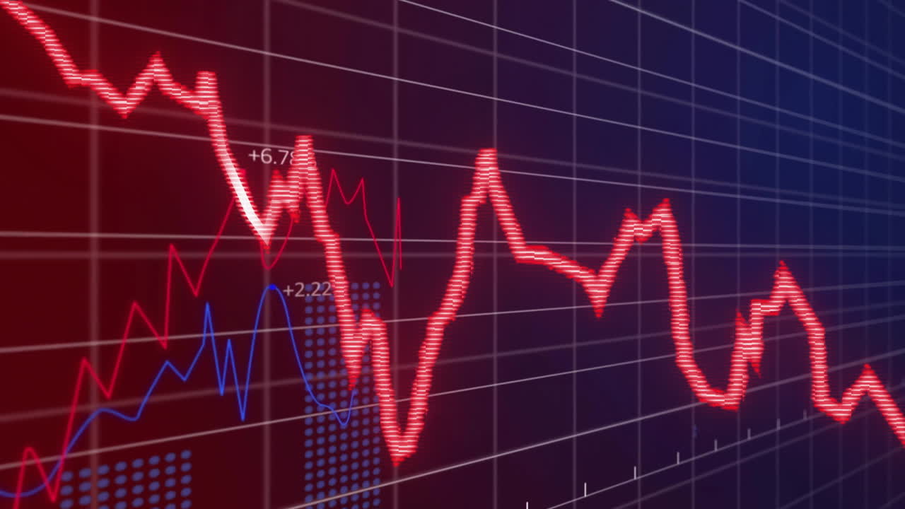 Stock market data and financial trends animation over grid background