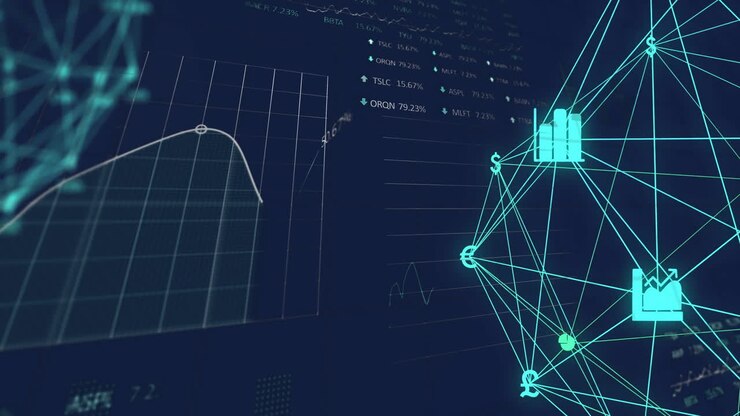 Animation of data processing over network of connections with icons