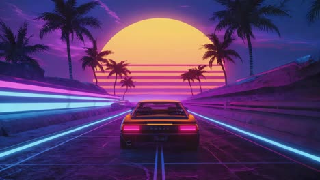 retrowave sports car driving on neon highway at sunset