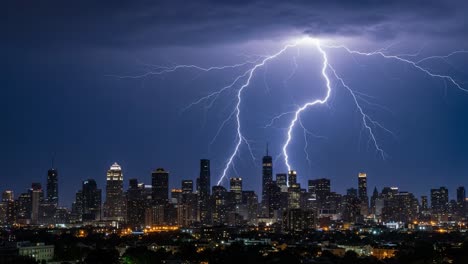 lightning strikes over city skyline at night
